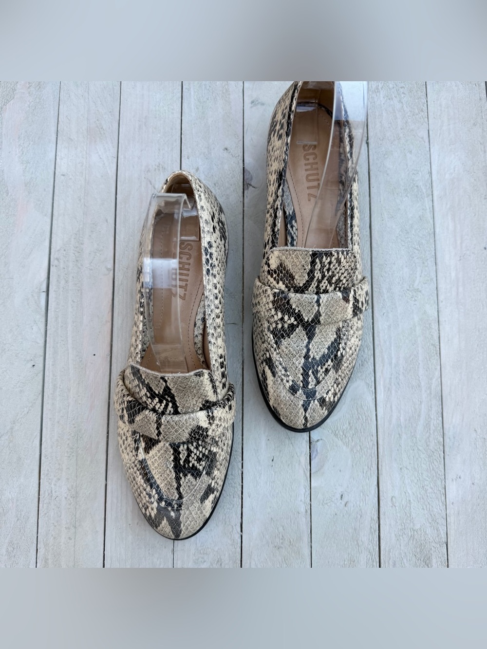 SCHUTZ Beige and Black Snake-Print Loafers - Picture 8 of 10